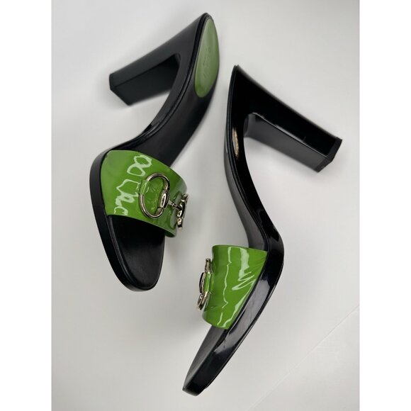 Gucci Horsebit Size 9,5/40 Green Patent Leather Heel Sandal - Picture 3 of 16